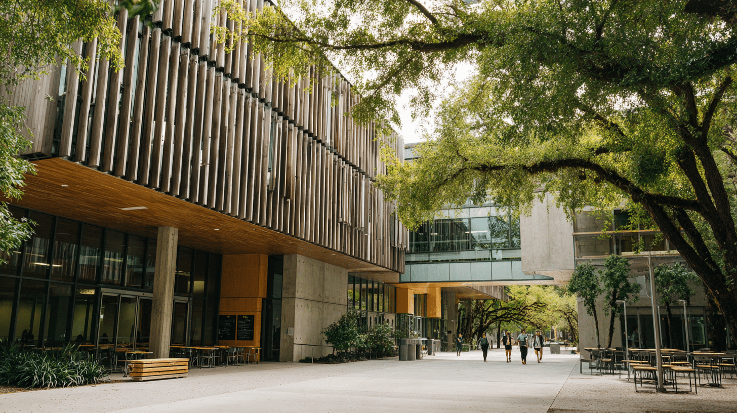 Cour extérieure d'un campus avec bâtiment moderne en bois et béton, arbres et étudiants