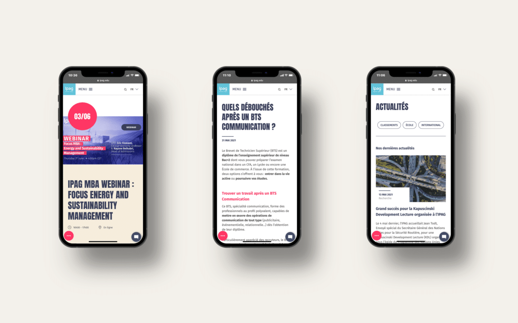 Trois smartphones affichant le webinaire MBA, un article BTS communication et les actualités IPAG