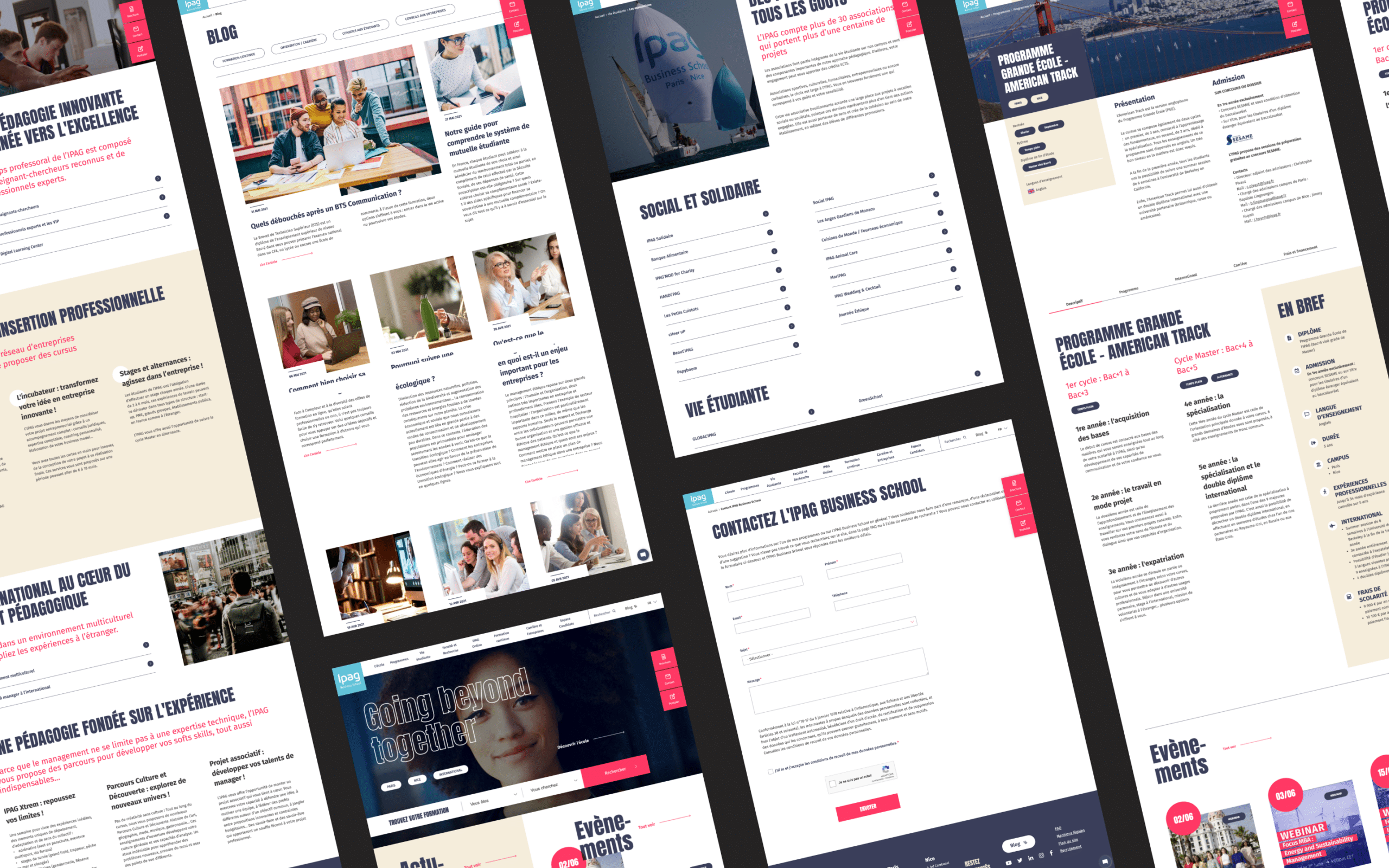 Collage de pages web IPAG : blog, insertion professionnelle, contact, programme grande école