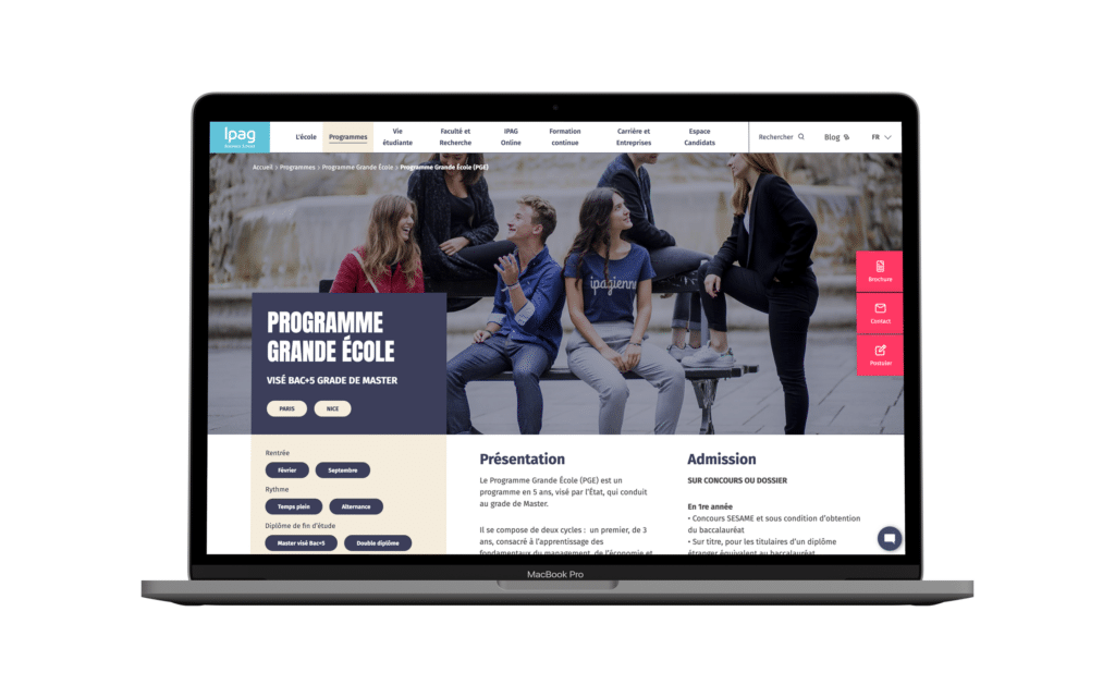 Ordinateur portable affichant la page Programme Grande École du site IPAG