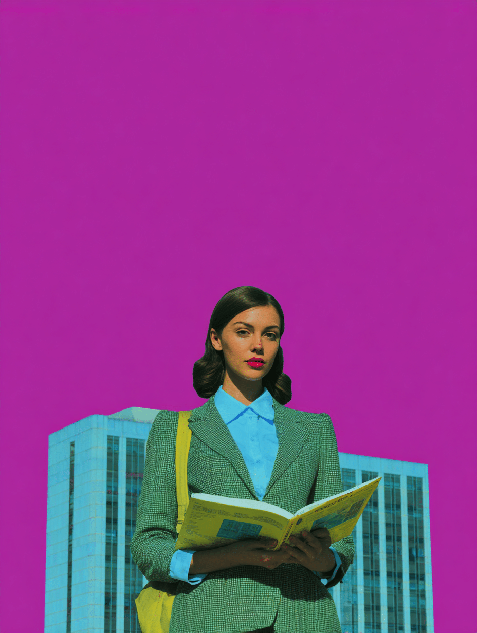 Femme en robe verte tenant un livre jaune devant un immeuble, fond magenta