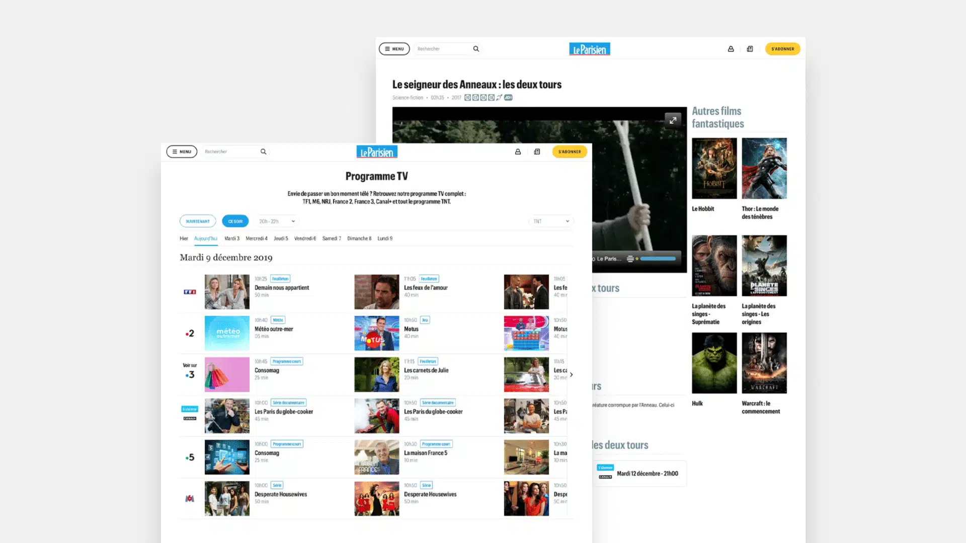 Ordinateur portable et tablette affichant le programme TV et une fiche film du site Le Parisien