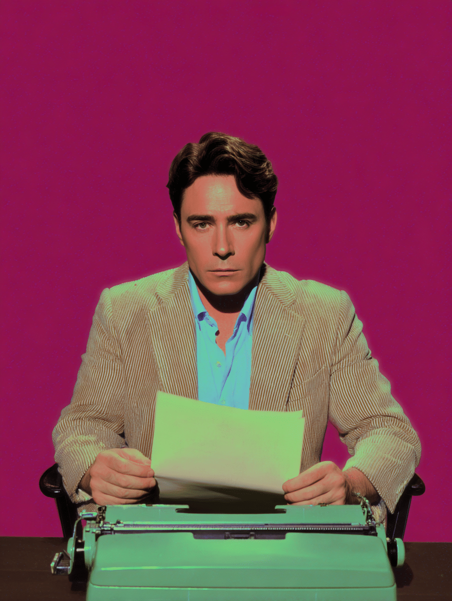 Homme assis à une machine à écrire turquoise, tenant une feuille, fond magenta