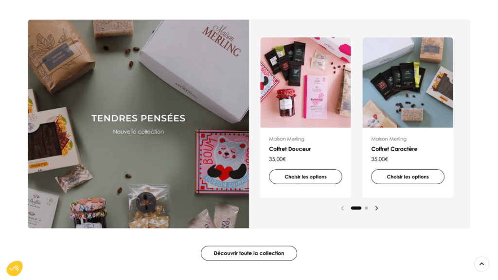 Capture d'écran d'une bannière "Tendres Pensées, nouvelle collection" avec coffret, chocolats et bocaux mis en scène, suivie de deux fiches produits Coffret Douceur et Coffret Caractère