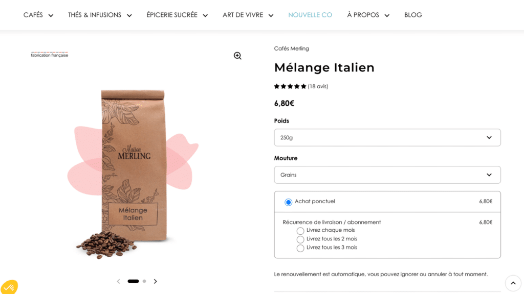 Capture d'écran de la fiche produit "Mélange Italien" Maison Merling : sachet de café en grains posé sur des grains de café, options de poids et de mouture