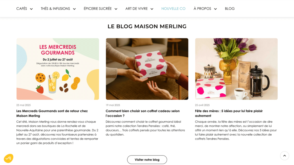 Capture d'écran de la page blog Maison Merling avec trois articles : illustration "Les Mercredis Gourmands", mains échangeant un coffret cadeau à pois roses, mise en scène d'un coffret avec fleurs et cafetière à piston
