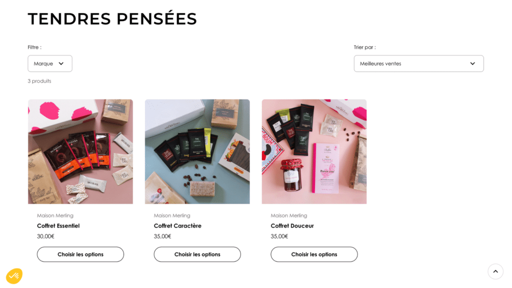 Capture d'écran de la page collection "Tendres Pensées" Maison Merling : trois coffrets cadeaux (Essentiel, Caractère, Douceur) avec thés, chocolats et confiseries