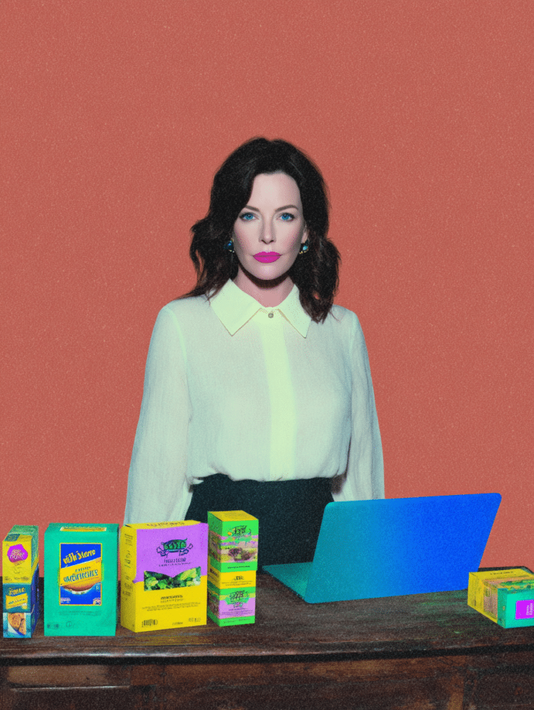Portrait d'une femme aux cheveux bruns bouclés et rouge à lèvres fuchsia, chemise jaune pâle, fond orangé texturé