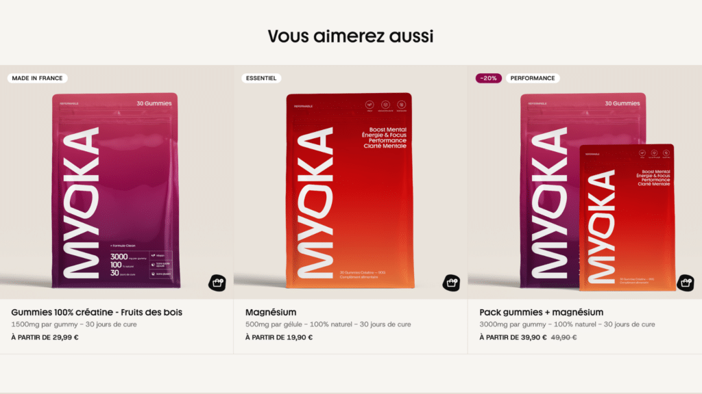 Section "Vous aimerez aussi" avec trois produits Myoka : gummies créatine, magnésium, pack duo