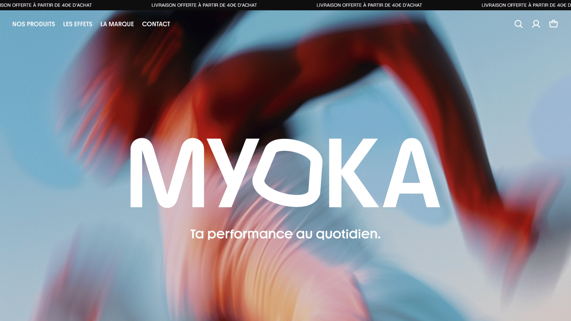 Page d'accueil avec silhouette d'athlète en mouvement et slogan "Ta performance au quotidien"