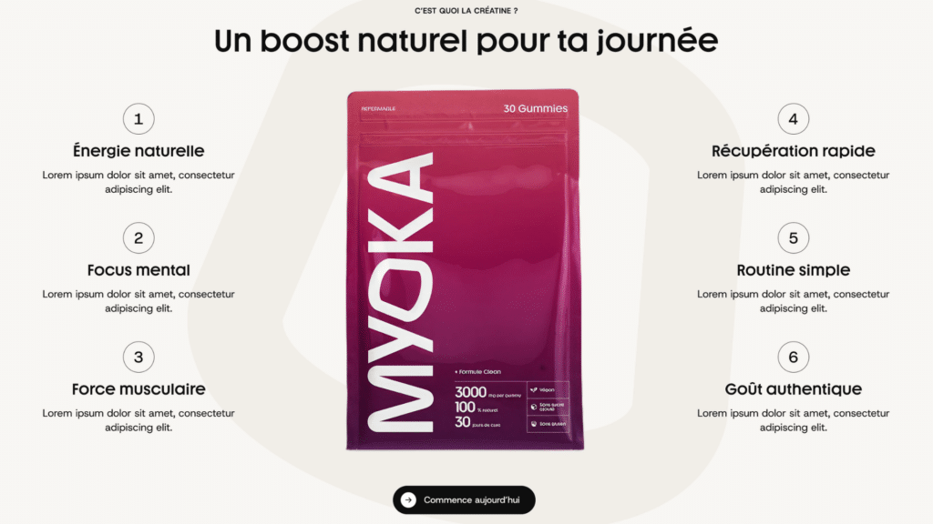 Page "Un boost naturel pour ta journée" listant six bénéfices autour d'un pack de gummies