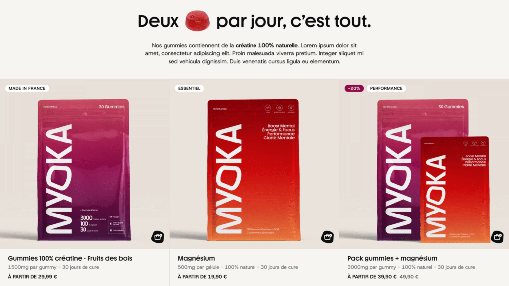 Page présentant trois produits Myoka : gummies créatine, magnésium et pack gummies + magnésium, avec prix