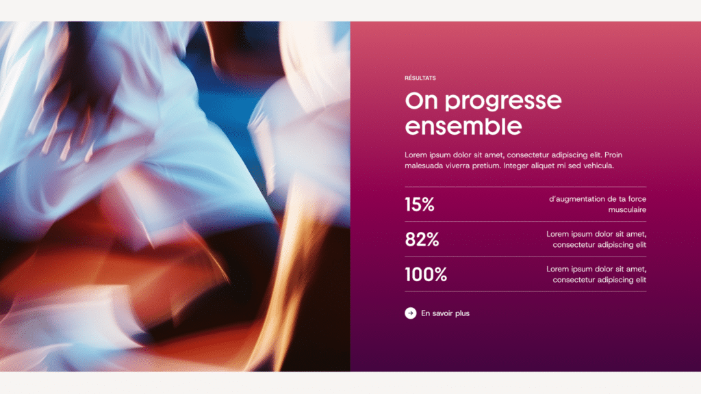 Bannière "On progresse ensemble" avec statistiques de résultats (15%, 82%, 100%) sur fond dégradé rose