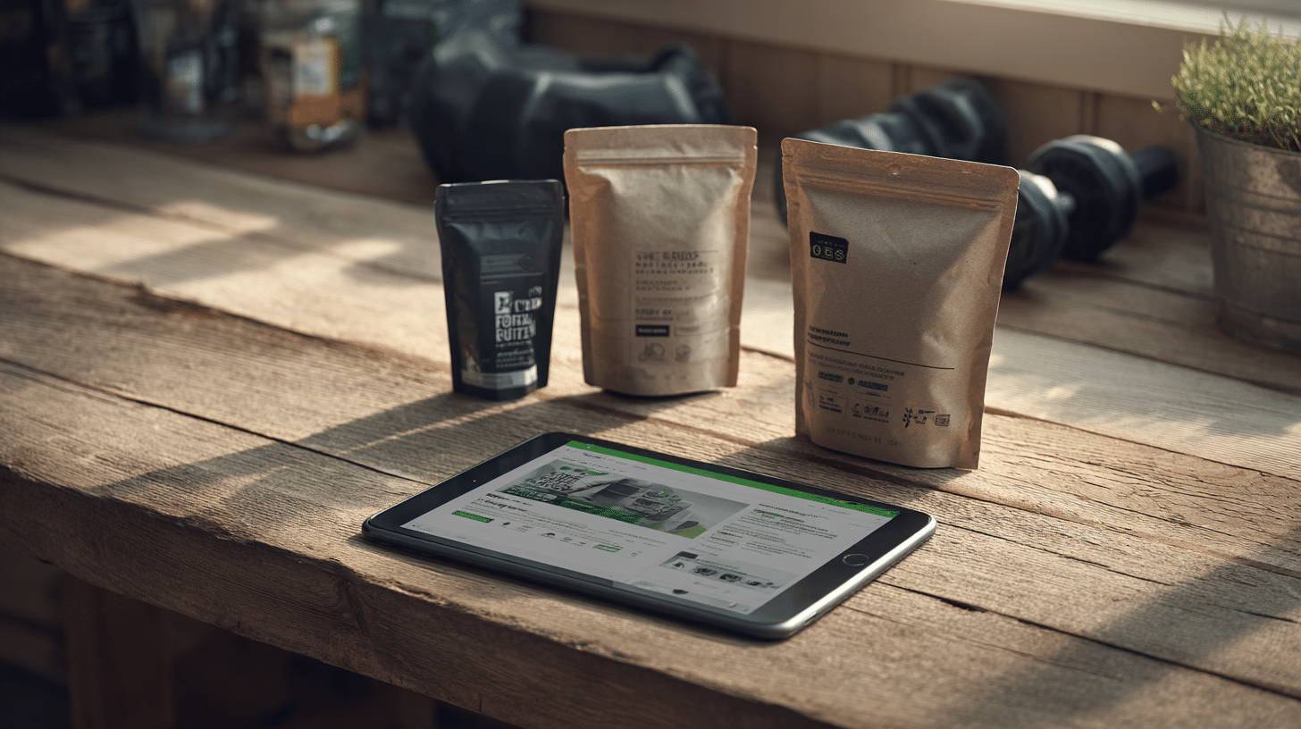 Sachets de compléments alimentaires sportifs sur une table en bois avec tablette affichant le site