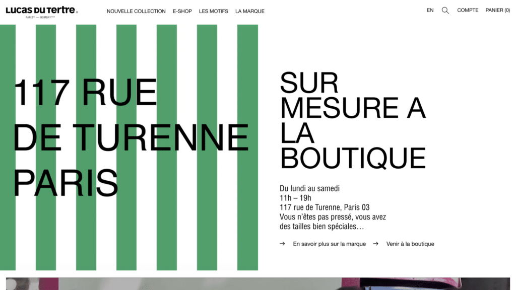 Capture d'écran de la page boutique Lucas du Tertre : adresse 117 rue de Turenne Paris, bandeau "Sur mesure à la boutique" avec horaires d'ouverture