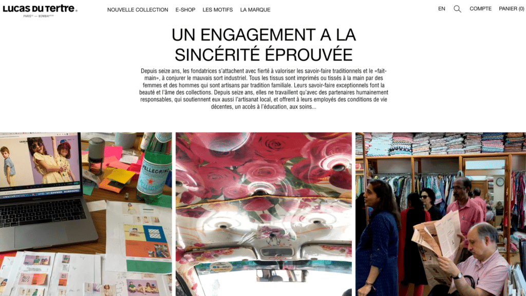 Capture d'écran de la page "Un engagement à la sincérité éprouvée" de Lucas du Tertre : texte sur l'artisanat, avec photos d'un bureau de création, d'un toit de véhicule à motif floral et d'un atelier textile en Inde