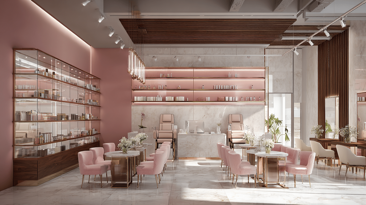 Rendu 3D d'un intérieur d'institut de beauté aux tons roses, présentoirs de produits et fauteuils