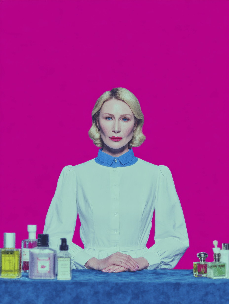 Portrait d'une femme en chemise bleu clair flacons parfum pour Beauty Success