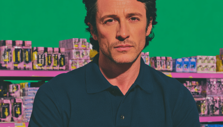 Homme brun en polo bleu marine, regard neutre vers l'objectif, debout devant des étagères de supermarché garnies de produits colorés, fond vert uni