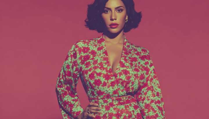 Portrait d'une femme aux cheveux courts bruns, kimono à motif floral rouge et vert, fond magenta uni