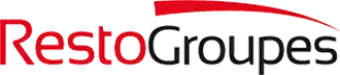 Logo texte "RestoGroupes" avec soulignement rouge, en couleur