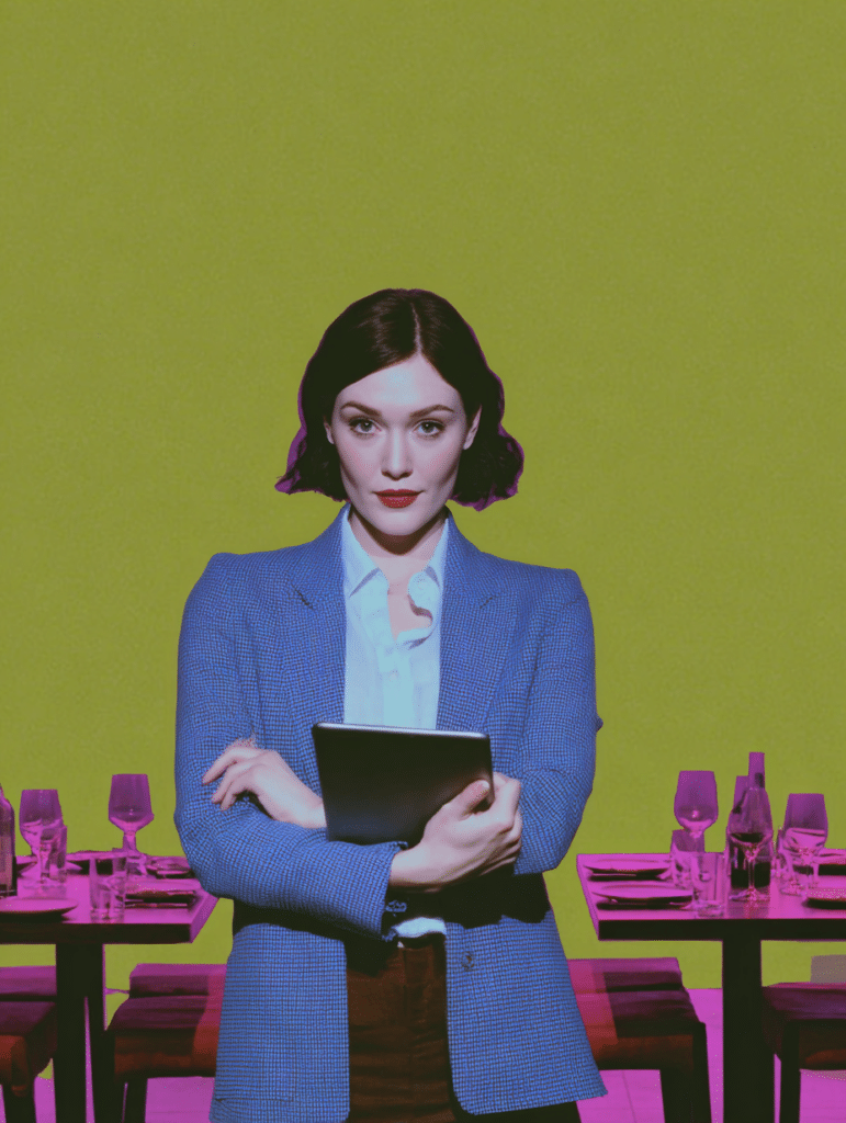 Femme en blazer bleu tenant une tablette devant des tables de restaurant dressées, fond vert olive