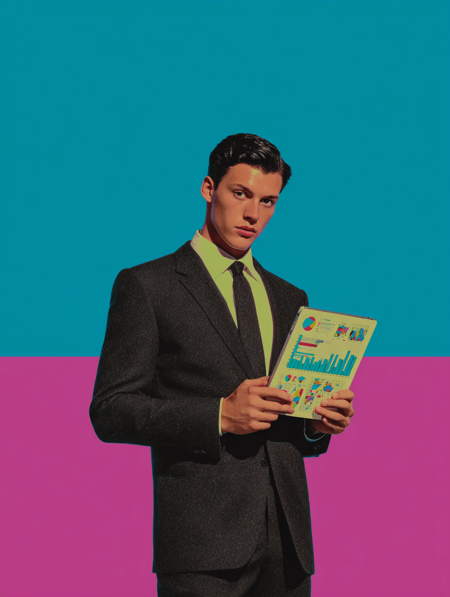 Homme en costume tenant une brochure avec graphiques, fond bicolore bleu-vert et magenta