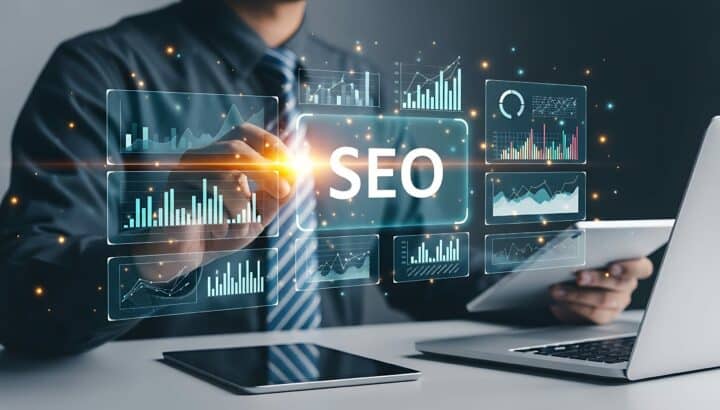 Homme en costume tenant une tablette face à des écrans holographiques affichant des graphiques et le mot "SEO" en grand