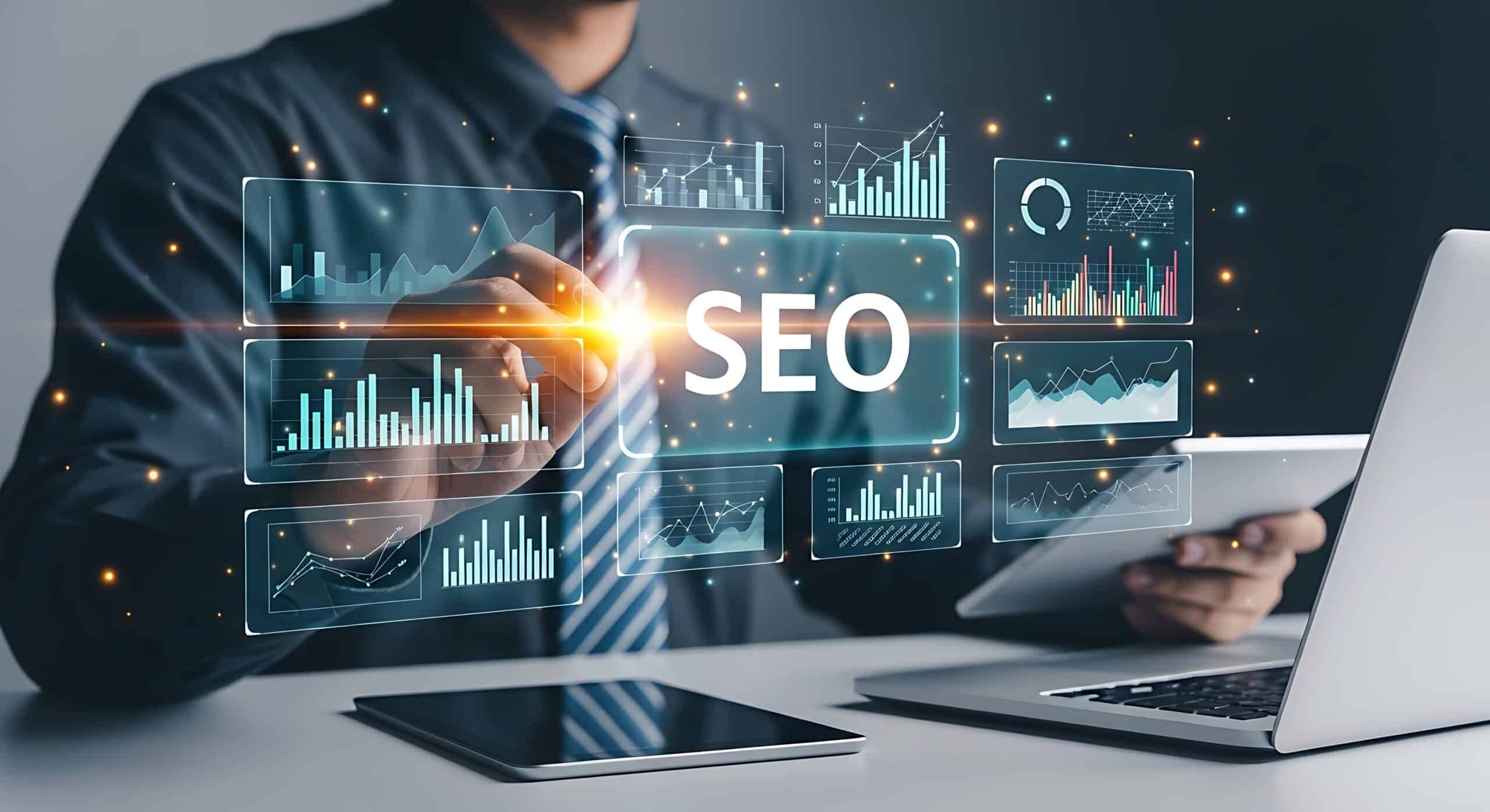 Homme en costume tenant une tablette face à des écrans holographiques affichant des graphiques et le mot "SEO" en grand