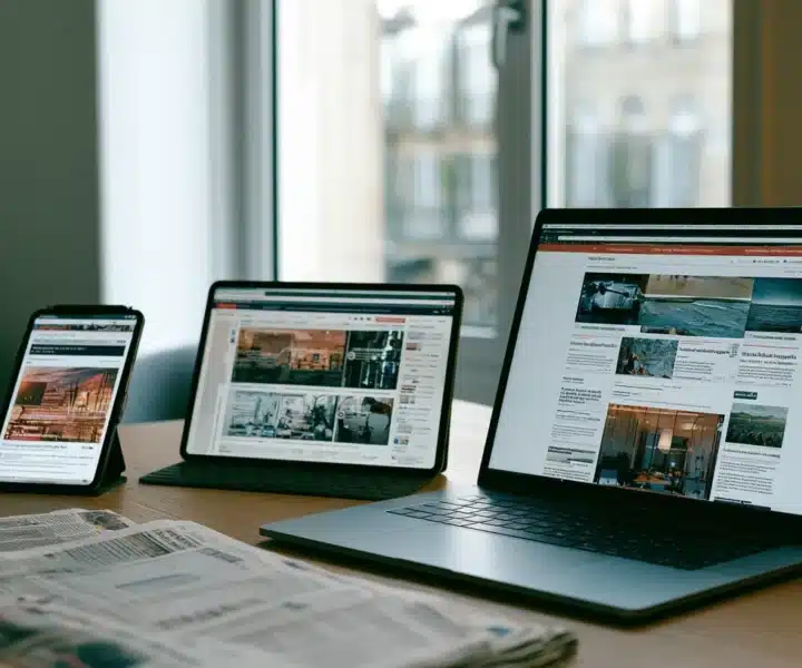 Smartphone, tablette et ordinateur portable affichant un site d'actualités, journaux imprimés posés sur un bureau en bois, lumière du matin