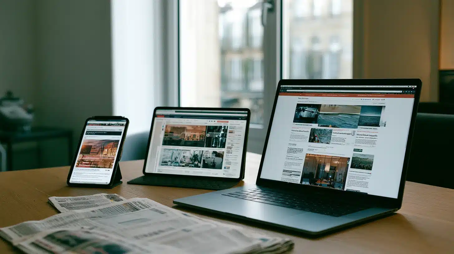 Smartphone, tablette et ordinateur portable affichant un site d'actualités, journaux imprimés posés sur un bureau en bois, lumière du matin