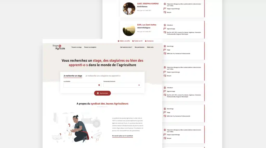 Page d'accueil Stage Agricole avec formulaire de recherche et liste d'annonces de stages