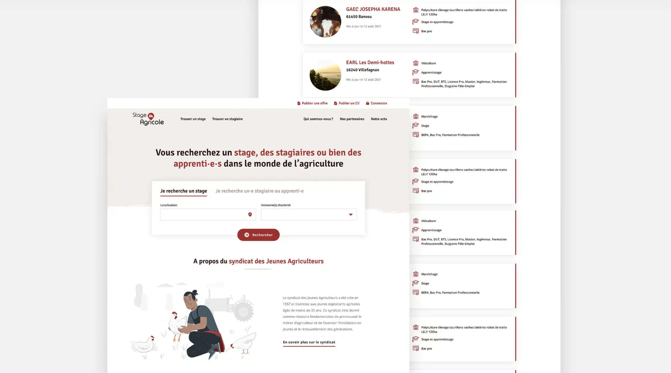 Page d'accueil Stage Agricole avec formulaire de recherche et liste d'annonces de stages