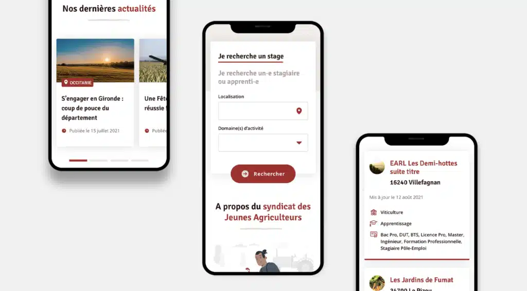 Trois smartphones affichant les actualités, la recherche de stage et les offres du site Stage Agricole