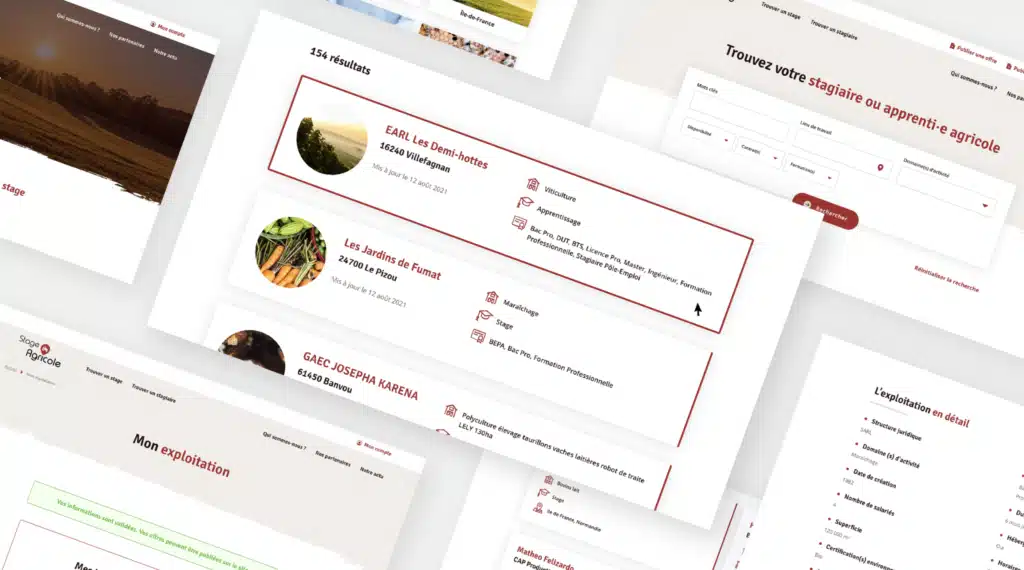 Collage de pages Stage Agricole : résultats de recherche de stage, détail d'une exploitation agricole