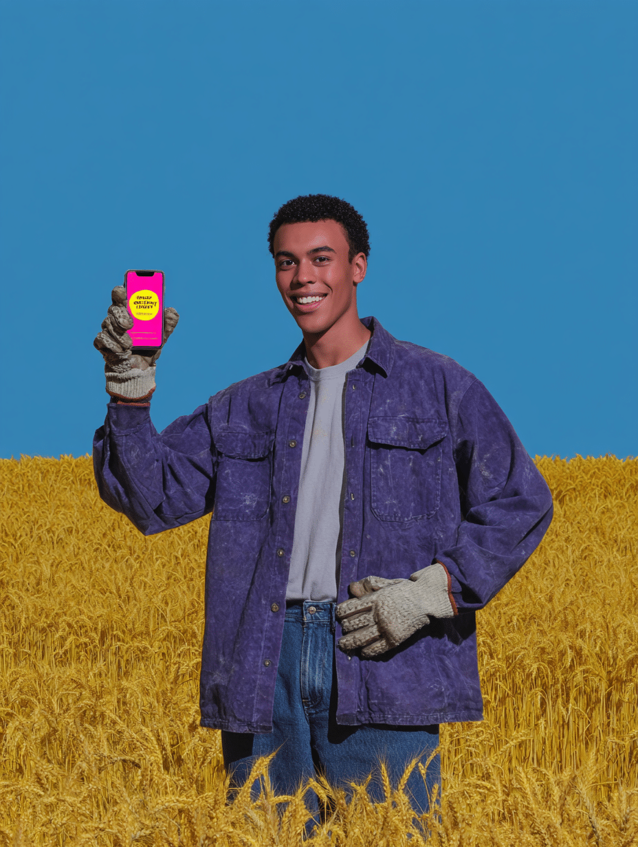 Jeune homme souriant en champ de blé, tenant un téléphone, fond bleu