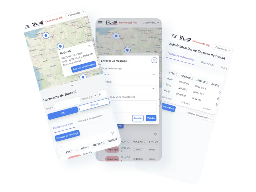 Trois écrans de smartphone affichant la recherche, l'envoi de message et l'administration TPL