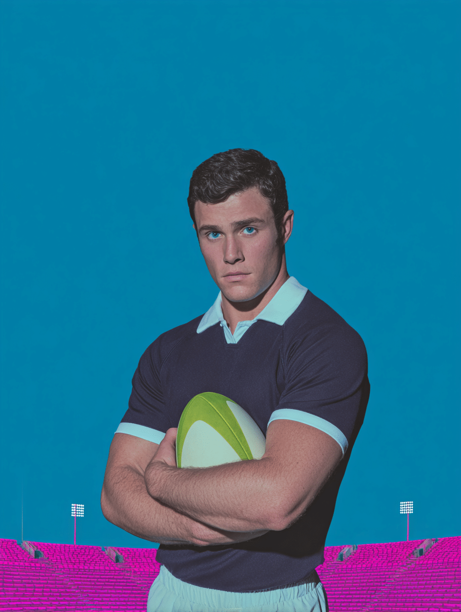 Joueur de rugby en maillot bleu marine, ballon sous le bras, fond bleu et gradins roses