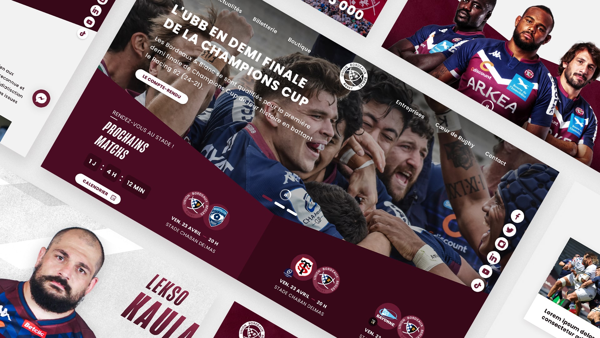 Page d'actualité UBB sur la qualification en demi-finale de Champions Cup, portrait joueur et logos sponsors