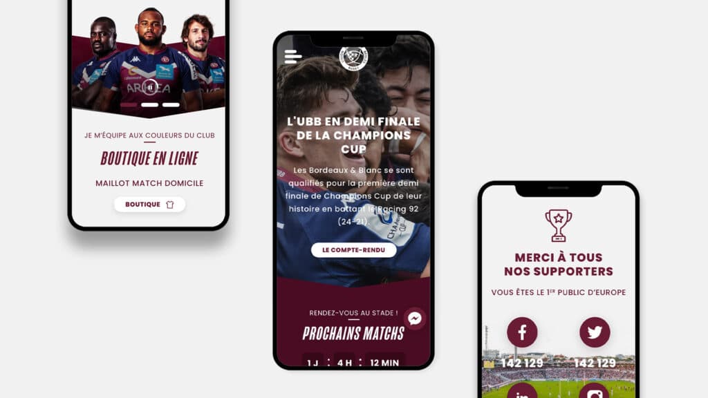 Trois smartphones affichant la boutique en ligne, une actualité de qualification en Champions Cup et les stats réseaux sociaux