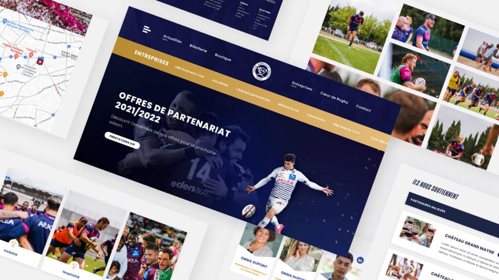 Collage de pages du site UBB : offres de partenariat, photos joueurs, carte de localisation, sponsors