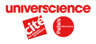 Logo texte "Universcience" avec icônes Cité des sciences et Palais de la découverte