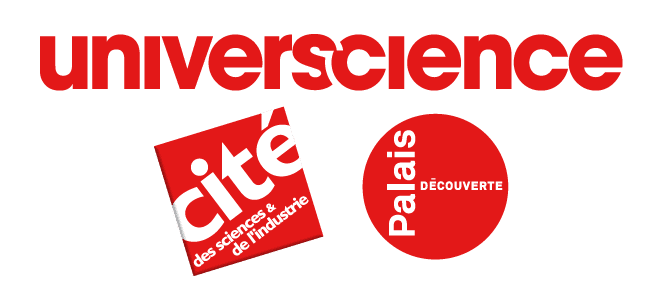 Logo texte "Universcience" avec icônes Cité des sciences et Palais de la découverte
