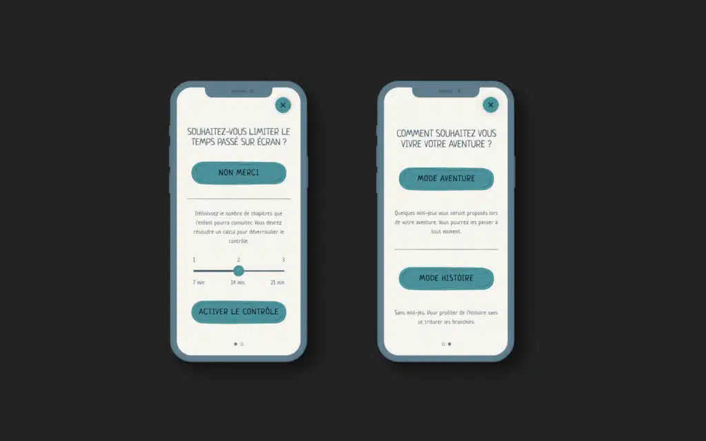 Deux smartphones affichant les options de contrôle du temps d'écran et de mode d'aventure
