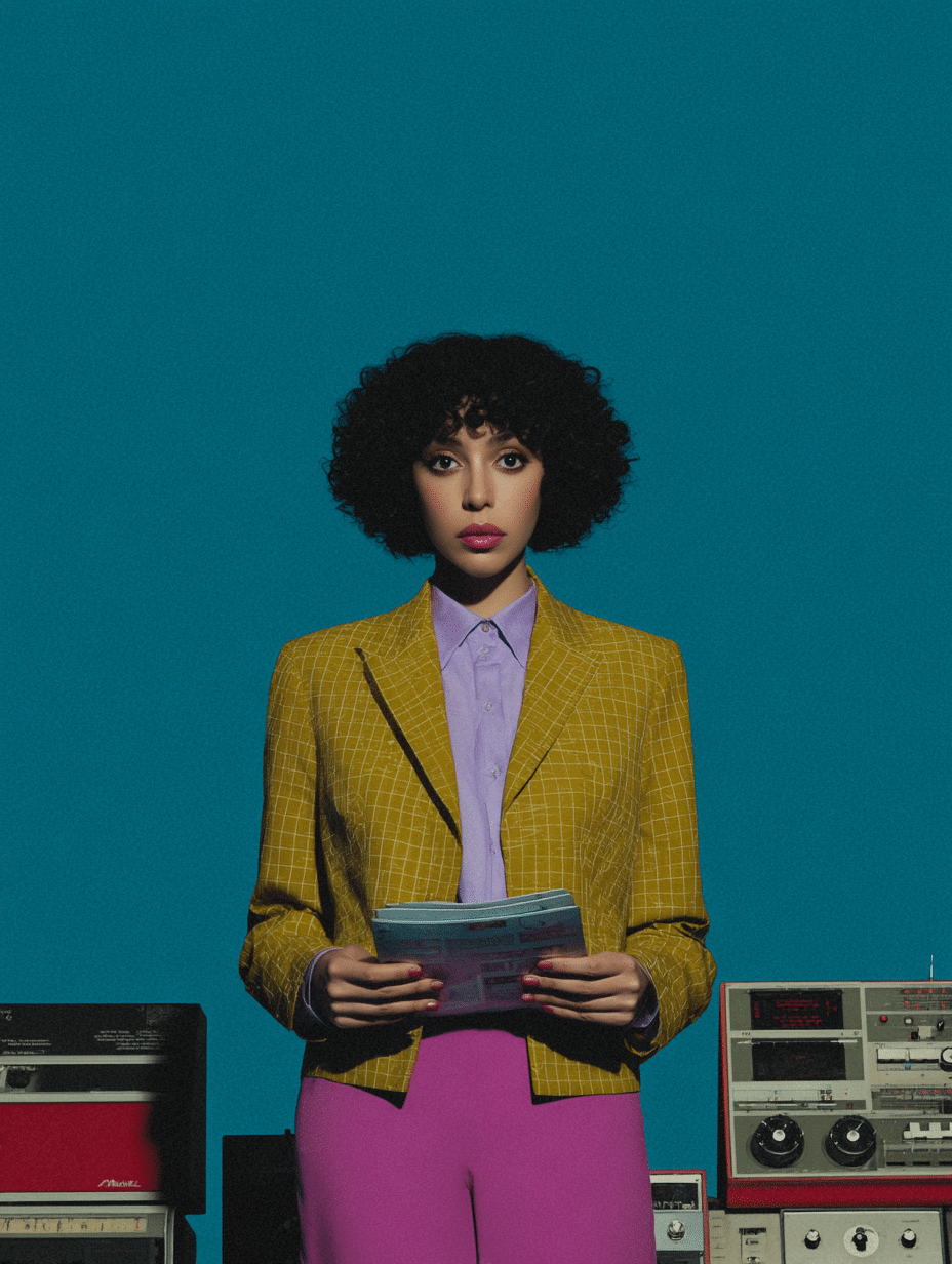 Femme en blazer moutarde tenant des documents, magnétophones à bobines en arrière-plan, fond bleu-vert