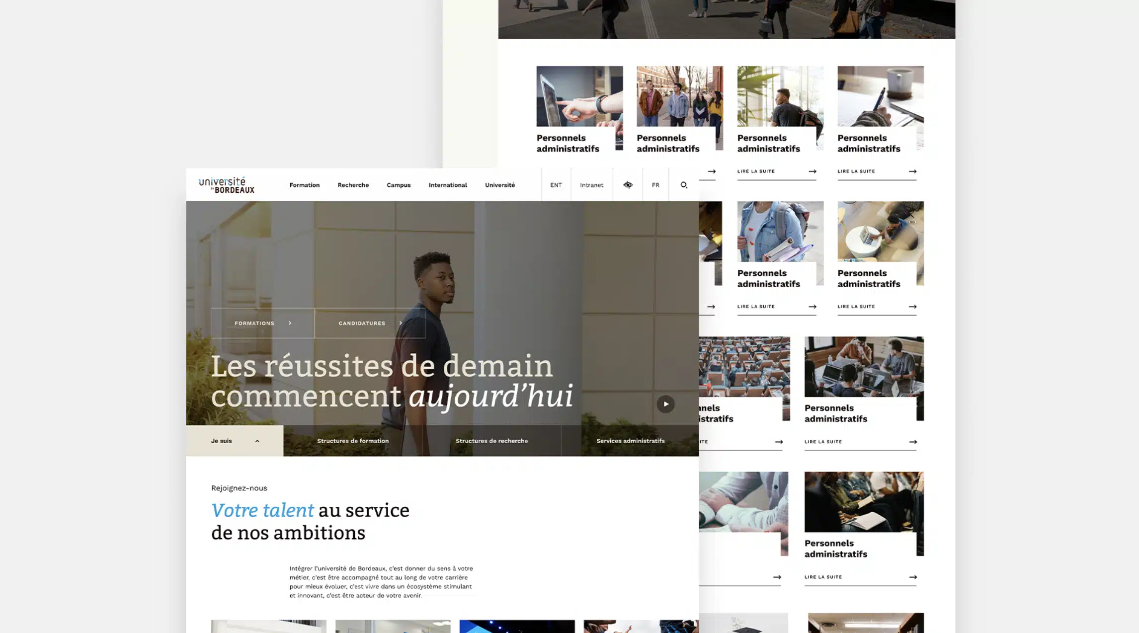 Pages web Université de Bordeaux : accueil avec bannière étudiant, grille du personnel administratif