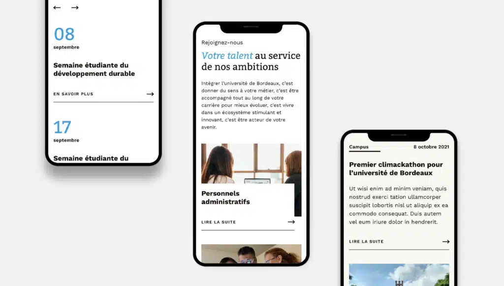 Trois smartphones affichant l'agenda, une page recrutement et une actualité de l'Université de Bordeaux
