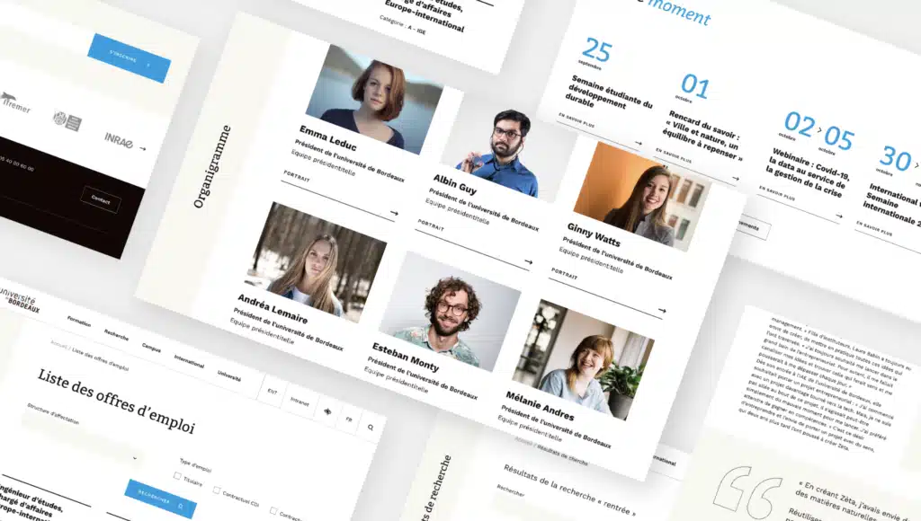 Collage de pages web : organigramme de l'équipe présidentielle, offres d'emploi, partenaires