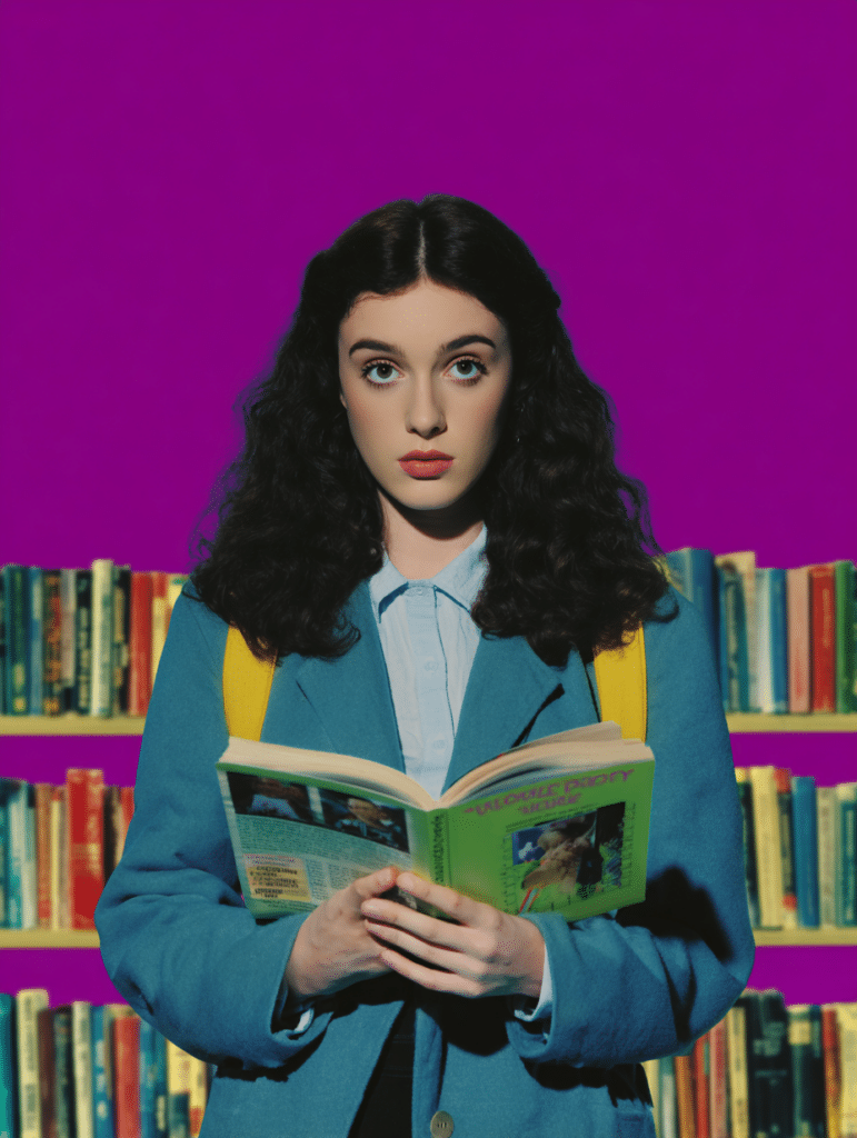 Femme tenant un livre ouvert, étagères de livres en arrière-plan, fond violet