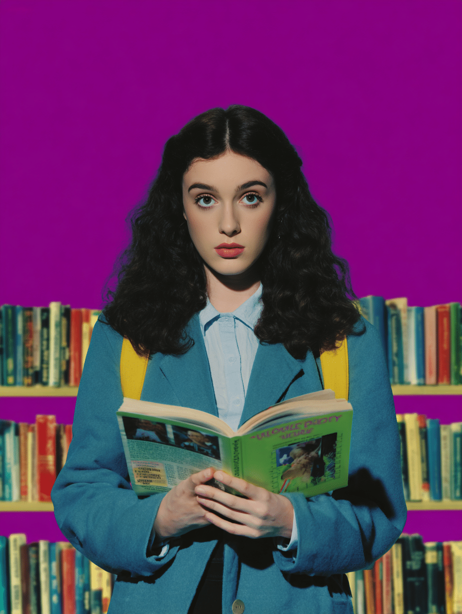 Femme tenant un livre ouvert, étagères de livres en arrière-plan, fond violet